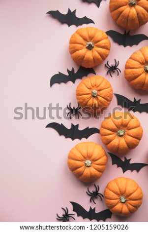 Halloween decorations on pastel pink background. flat lay, pumpkins, spiders and bats