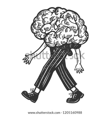 Human brain walks on its feet engraving vector illustration. Scratch board style imitation. Black and white hand drawn image.