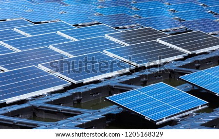 Solar power station float on water,Ecological energy renewable solar panel plant electric power.