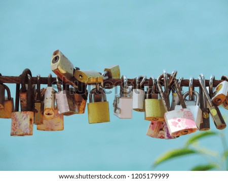 Many different locks hung on fence of bridge.       