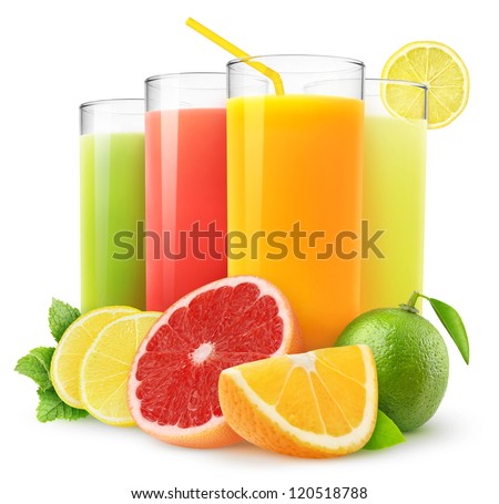 Isolated drinks. Glasses of fresh citrus juices (orange, grapefruit, lemon, lime) and cut fruits isolated on white background Royalty-Free Stock Photo #120518788