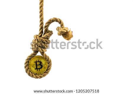 End of bitcoin. Coin bitcoin in the gallows on a white background. Isolated.