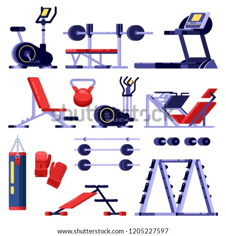 Gym and fitness club equipment set. Training apparatus, vector isolated illustration. Bodybuilding machines icons.