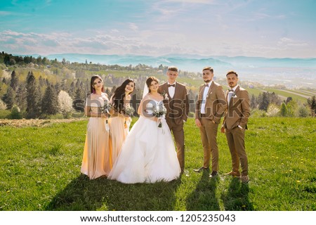 Portrait of newlywed couple having fun with bridesmaids and groomsmen in green sunny park. Before wedding ceremony. Behind blue sky and mountains