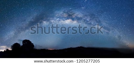 Stitched Panorama of Milky Way galaxy during starry night. Suitable for background. Image content soft focus and noise due to long expose and high iso.