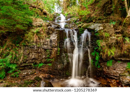 Beautiful waterfall in the mountains with a scenic nature around, green trees and rocks, misty water effect
