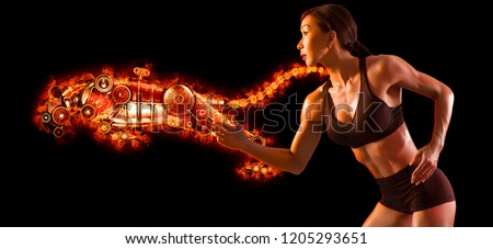 Muscular fit woman. Fiery panther background