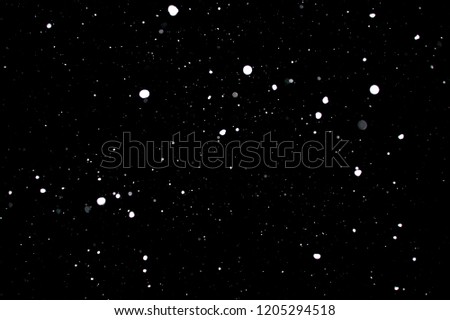 Snowstorm texture. Bokeh lights on black background, shot of flying snowflakes in the air