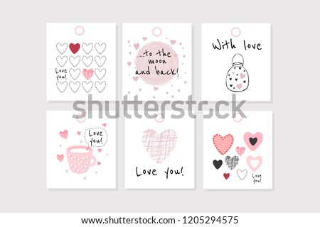 Set of 6 vector Valentine's inspired tags with hearts, simple flat style. Perfect for gift tags, greeting cards, etc. Royalty-Free Stock Photo #1205294575
