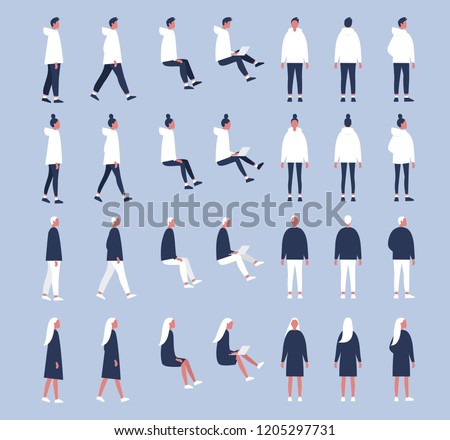 Set of flat vector characters in different poses. Young adults. Lifestyle illustration. Flat editable vector, clip art