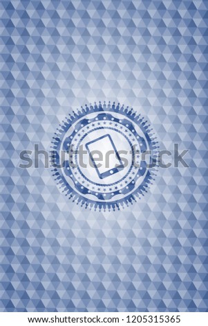 mobile phone icon inside blue emblem or badge with abstract geometric pattern background.