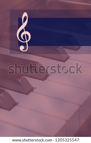 Graphic composition with treble clef icon and soft background image of piano. suitable for book cover and other vertical or portrait, top aligned design