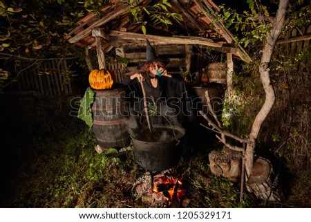 Witch boiling spells in a cast iron black pot in her shed