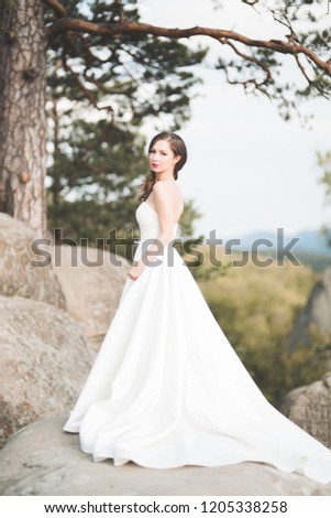 Beautiful bride with a bouquet posing in forest with rocks. Outdoors