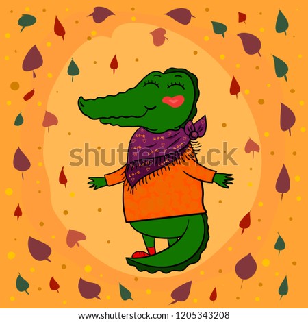 Cute crocodile character in the fall in a scarf, against the background of falling leaves. Vector.