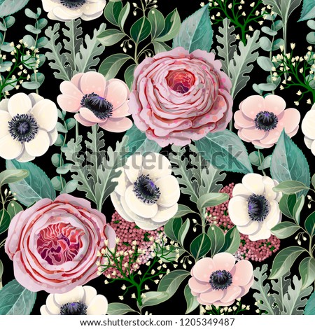 Seamless pattern with victorian roses, anemones, eucalyptus and other branches. 