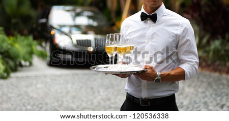 Black tie waiter serving champagne outdoors. Royalty-Free Stock Photo #120536338