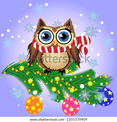 Greeting Christmas card Owl on a branch with balloon