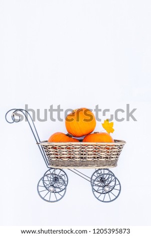 Top view Vintage Garden carriage basket with ripe pumpkins on the white background isolated . Autumn harvest, thanksgiving, halloween concept. healthy diet food. Flatlay. Selective focus. Copy space