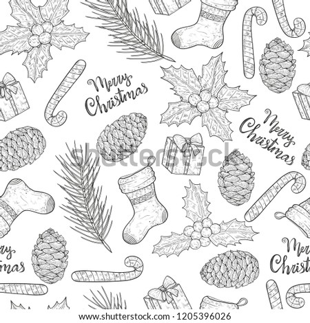 Holiday, Christmas. Wallpaper, seamless, texture, background. Sketch. Sock, candy, fir, gift, holly.