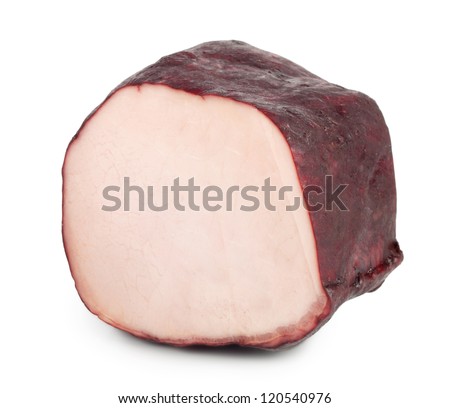 A piece of juicy smoked meat isolated on white background