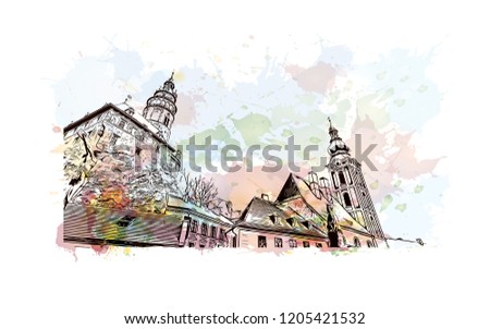 Building view with landmark of Cesky Krumlov is a city in the South Bohemia region of the Czech Republic. Watercolor splash with Hand drawn sketch illustration in vector.