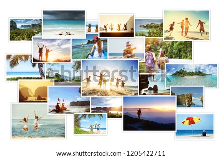 Collage of tropical photos with landscapes and peoples. Sea vacations concept