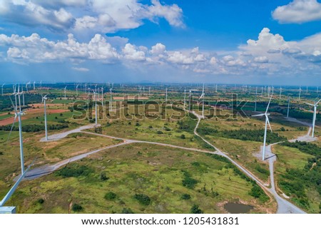 Aerial photo of  wind turbines in fields in Thailand.