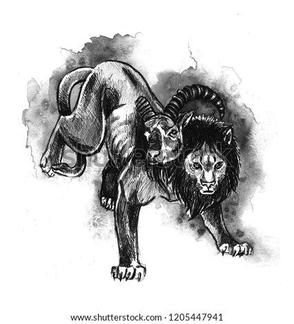 Chimera. An animal with the head of a lion, a goat and a snake. Fantastic creature. Freehand drawing ball pen. Unique author's print. Mystic, fentazi. Fabulous story.