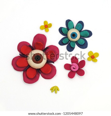 Set of several multicolored flowers. Plasticine illustration Royalty-Free Stock Photo #1205448097