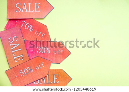 lot sign of sale, retail shop,wholesale concept.off-season discount sign, sale concept, online shopping.50% off sale, price banner.Discount sale words, 30% off on yellow background. Copy space