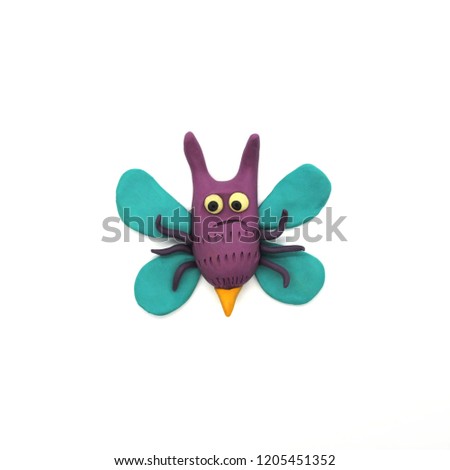 Funny plasticine butterfly with blue wings. Illustration on white background Royalty-Free Stock Photo #1205451352