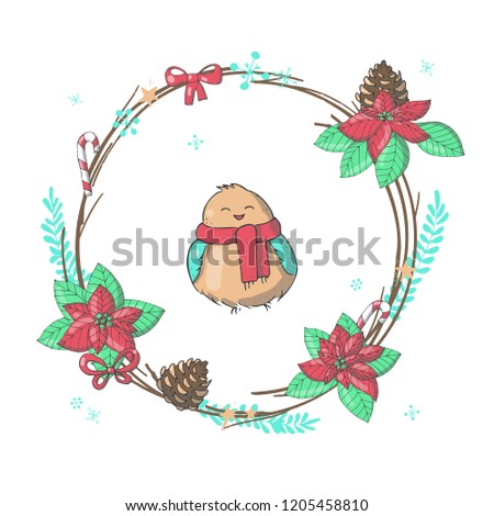 Christmas wreath frame of cones, flowers and decorations with a bird sitting inside