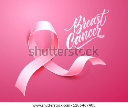 Breast cancer lettering awareness poster template with realistic pink ribbon on pink background. Women health care support symbol. female hope satin emblem. Vector illustration
