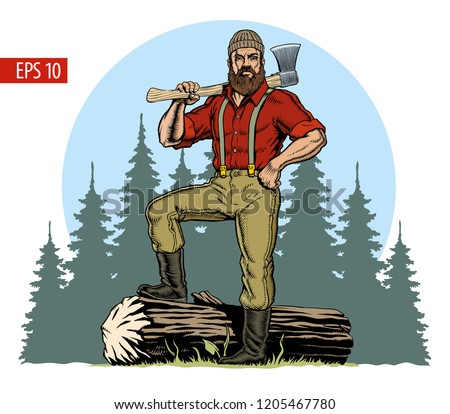 Lumberjack with axe and downed log, forest background. Vector illustration Royalty-Free Stock Photo #1205467780