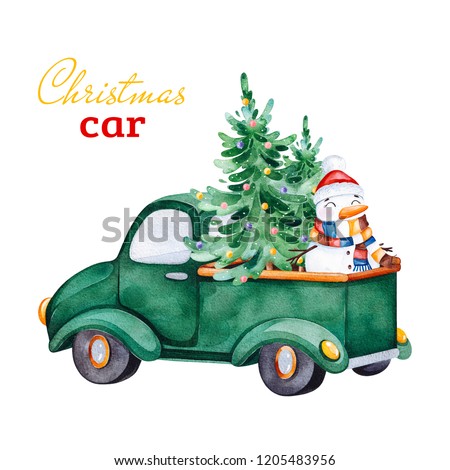 Christmas abstract retro car with Christmas tree,Snowmen and other decorations.Watercolor holiday illustration.Perfect for your Christmas and New Year project,invitations,greeting cards,wallpapers.