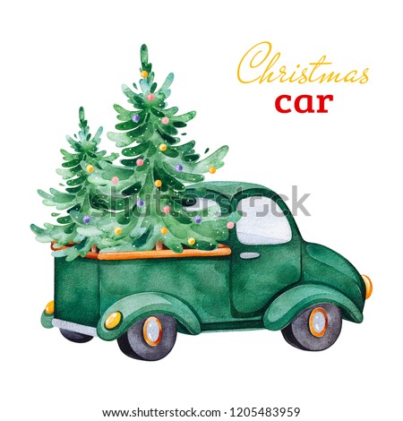 Christmas abstract retro car with Christmas trees and other decorations.Watercolor holiday illustration.Perfect for your Christmas and New Year project,invitations,greeting cards,wallpapers.