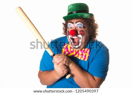 Dangerous clown. Funny fat man. White background.