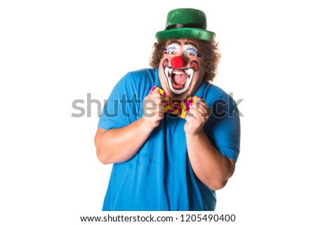 Cheerful clown. Funny fat man. White background.
