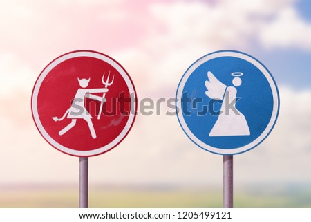 Female devil catches the angel. Road sign 