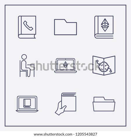 Outline 9 book icon set. ethereum with book, online book reading, hand with book and pupil vector illustration