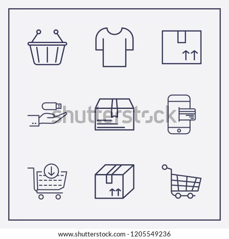 Outline 9 store icon set. smartphone payment, shopping cart, box and t shirt vector illustration