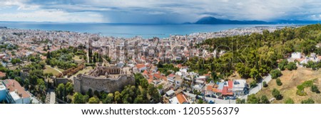 Aerial drone photo of famous town and castle of Patras, Achaia, Peloponnese, Greece. Panorama