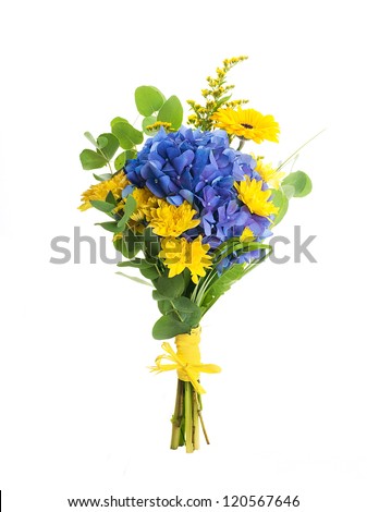Bouquet from blue hydrangeas and yellow asters, a flower background Royalty-Free Stock Photo #120567646