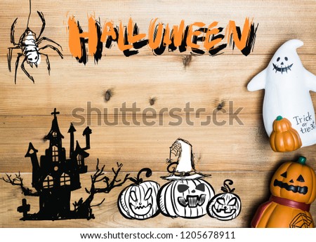 halloween object concept with wooden background.Halloween Pumpkins on wood. Halloween Background hand drawing.