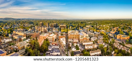 Aerial cityscape of Morristown, New Jersey. Morristown has been called the military capital of the American Revolution, because of its strategic role in the war for independence from Great Britain Royalty-Free Stock Photo #1205681323