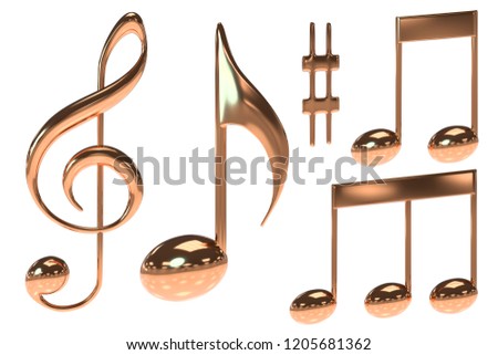 Luxurious Golden or copper music note icon. 3D Illustration rendering with clipping path