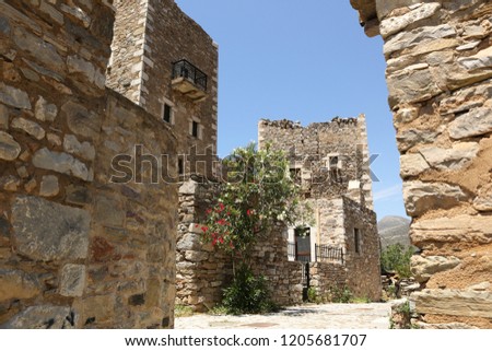 Architectural and historical towers dominating the area at the famous Vatheia village in the Laconian Mani peninsula. Laconia prefecture, Peloponnese, Greece, Europe.