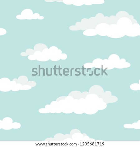 Cute seamless ornament with white clouds on powder blue background. Overcast pattern. Vector illustration. Cartoon weather wallpaper. Funny nature  backdrop.
