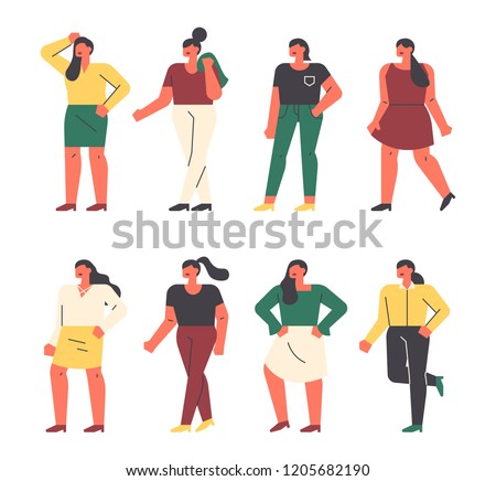 Plus size model set of characters. flat design style vector graphic illustration.